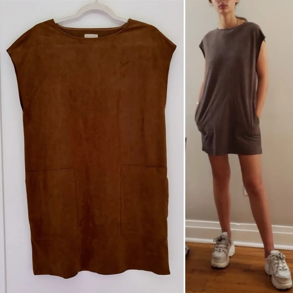 Aritzia Wilfred Free Faux Suede Dark Camel Brown Mini Dress Sz S Trompette  Nori
